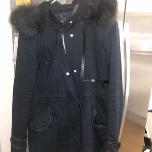 Maje Winter Coat with faux fur hood. In navy 38